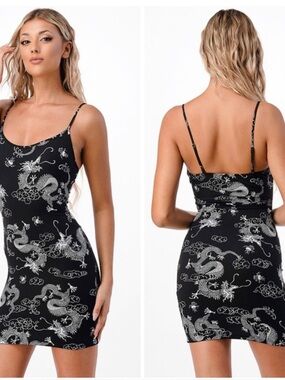 BEAR DANCE Black Dragon Print Spaghetti Strap Mini Dress